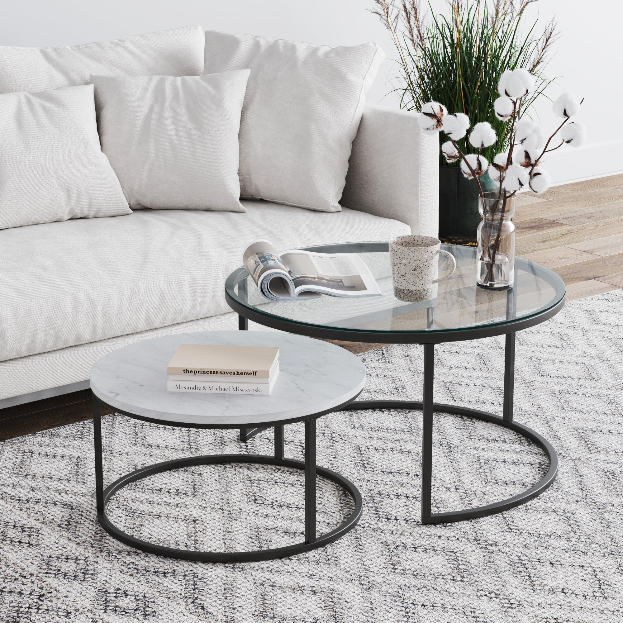 Nathan James Stella Round Nesting Coffee Table Set of 2 Glass, Marble Finish and Metal Frame, Mar... | Nathan James