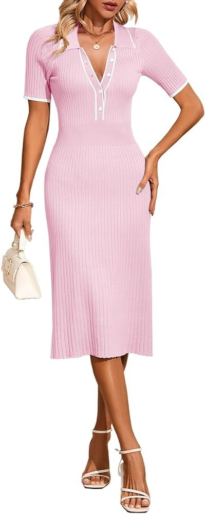 Saodimallsu Womens Summer Short Sleeve Dresses Button V Neck Collar Color Block Ribbed Knit Midi ... | Amazon (US)