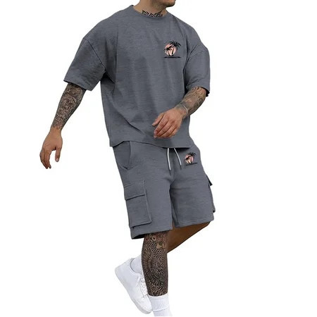 Afdoent Men's 2 Piece Short Set Mens Short Sleeved T Shirt And Shorts Set With Pocket Casual Work Summer With Stretchy Fabric Comfort Beach Vacation Outfits | Walmart (US)