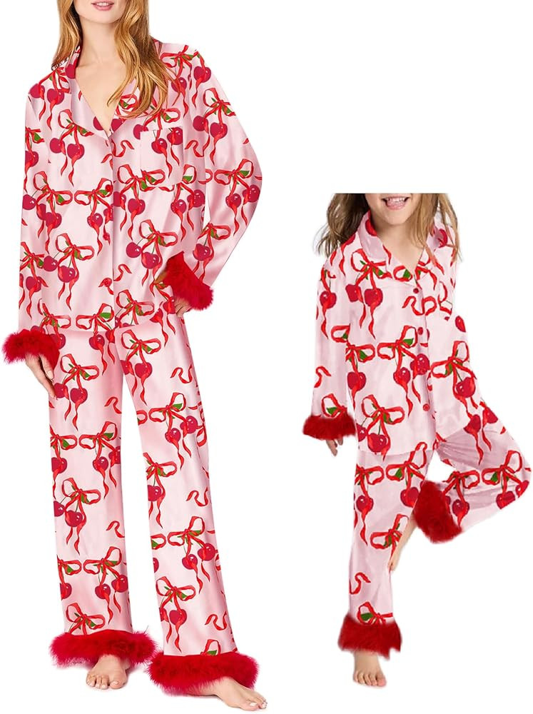 Mommy and Me Valentine's Day Feather Pajamas Set Heart Print Matching Valentine Pjs for Women Gir... | Amazon (US)
