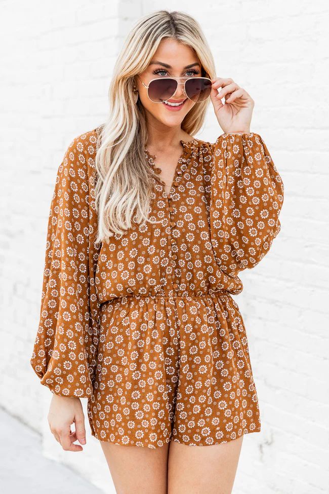 Take Your Chance Brown Daisy Printed Long Sleeve Romper | Pink Lily
