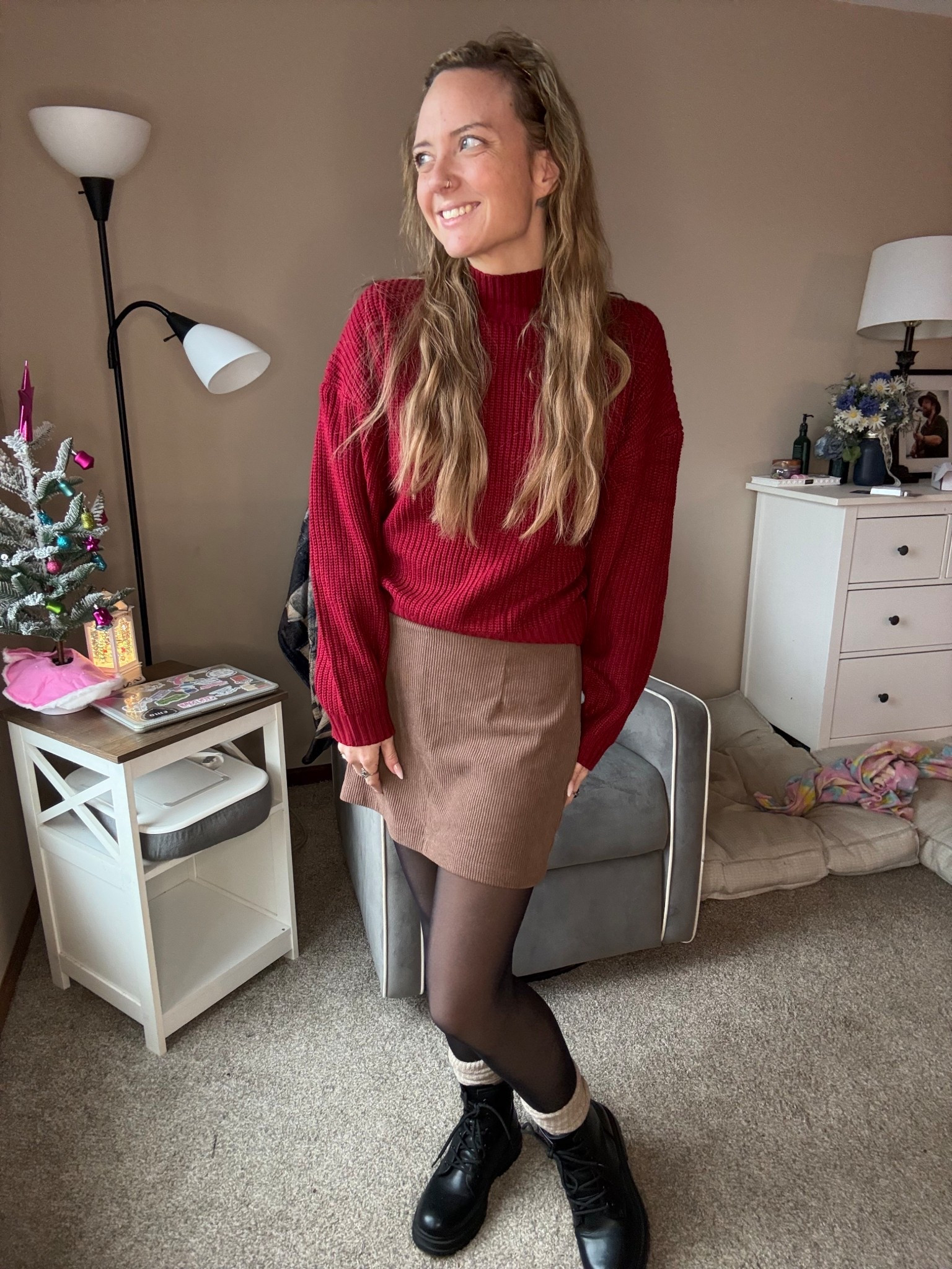 Holiday cozy with a teacher on duty vibe. Halara mini skirt in size XS with built in shorts, stretchy corduroy feel, and actually comfortable for all day wear. Paired it with fleece lined tights for warmth and my go to chunky black boots. Sweater is a size small and an easy winter outfit staple. Simple, neutral, and classroom friendly without losing the cute. Great winter outfit idea for moms and anyone who wants something comfy but still pulled together for cold weather days.

#LTKHoliday #LTKootd #LTKdayinmylife