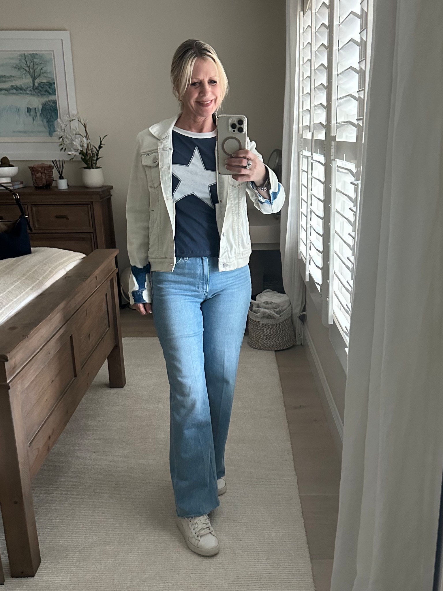 You are a STAR ⭐️ Headed to the beach to catch up with friends at a local brewery 🍻☀️ Loving this fun graphic tee from Anthropologie—the perfect mix of casual + cool! Styled with high-waisted jeans, sneakers, and denim jacket.  Wearing an XS  

Red Carpet of Life, LTK over 50, beach vibes. 