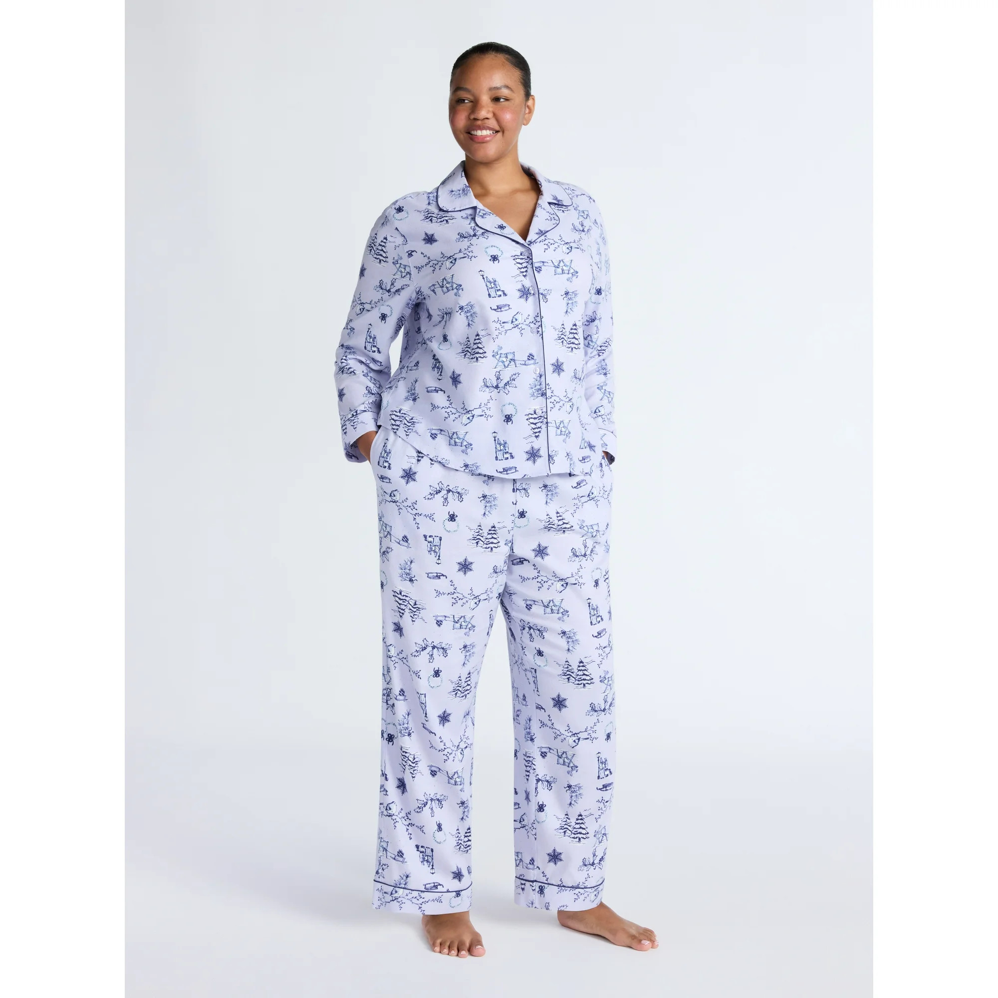 Joyspun Women's Long Sleeve Flannel Sleep Top and Pants Pajama Set, 2-Piece, Sizes XS-3X | Walmart (US)