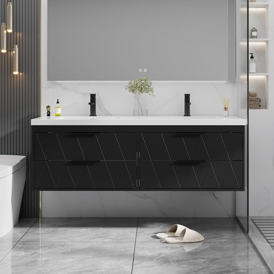 eclife 60" Floating Bathroom Vanity with Sink Combo, Modern Wall-Mounted Vanities Cabinet W/Decor Lines, Soft-Closing Drawers, Double White Sink, Faucet & Drain, Black | Amazon (US)