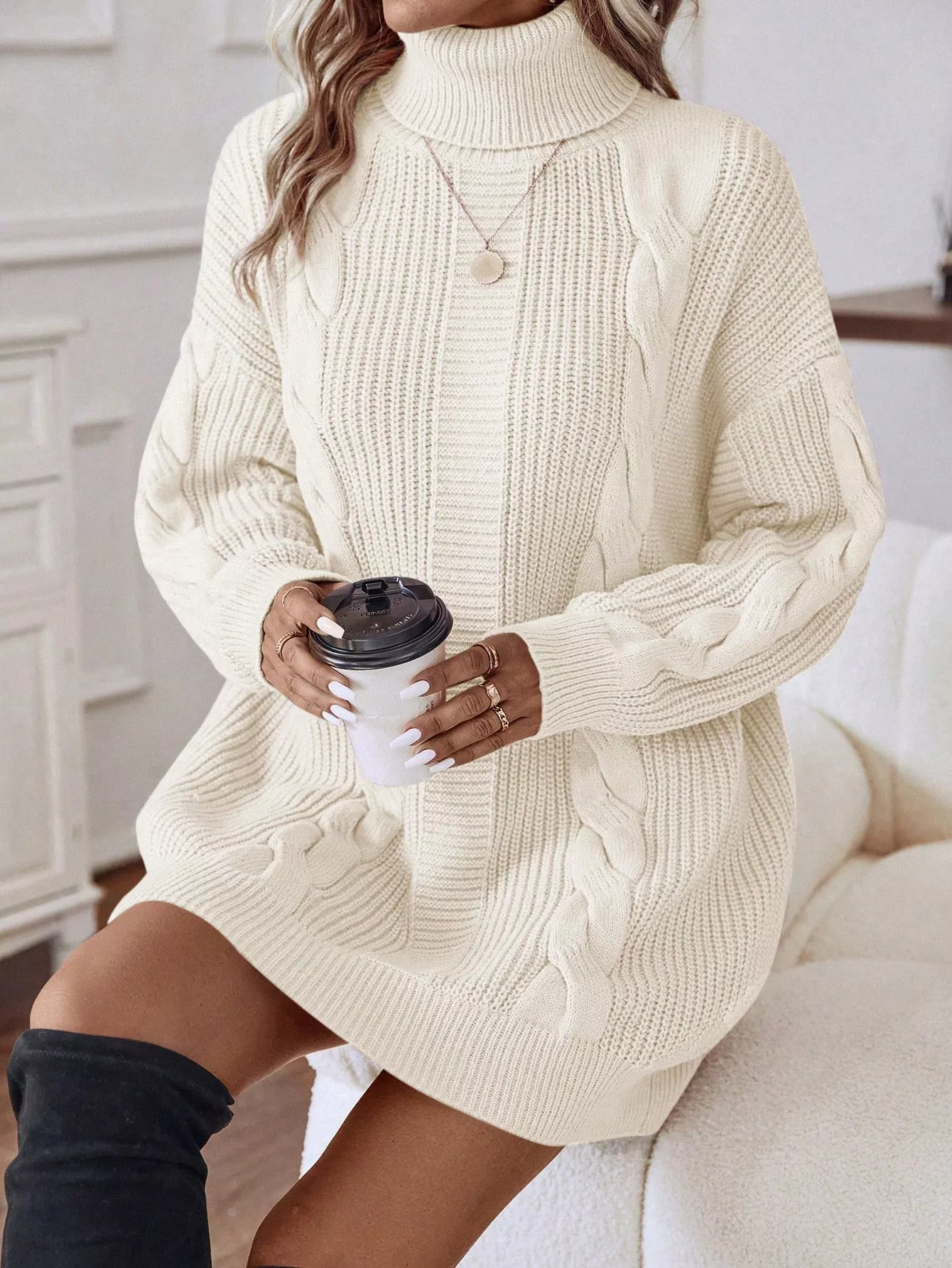 DAZY Solid Cable Knit Drop Shoulder Sweater