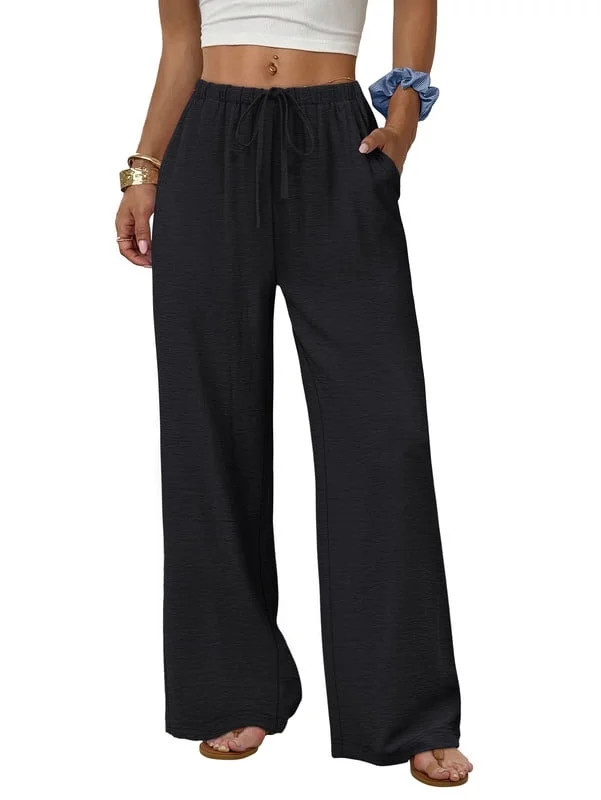 Wiholl Wide Leg Pants for Women Flowy Palazzo Drawstring Elastic Waist Trousers with Pockets Summer Beach Vacation Clothes - Walmart.com | Walmart (US)