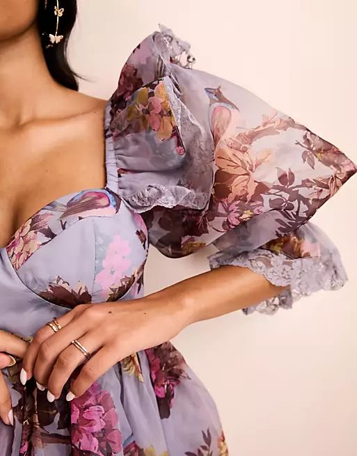 ASOS LUXE organza ruffle cupped baby doll dress with lace details in floral print | ASOS (Global)