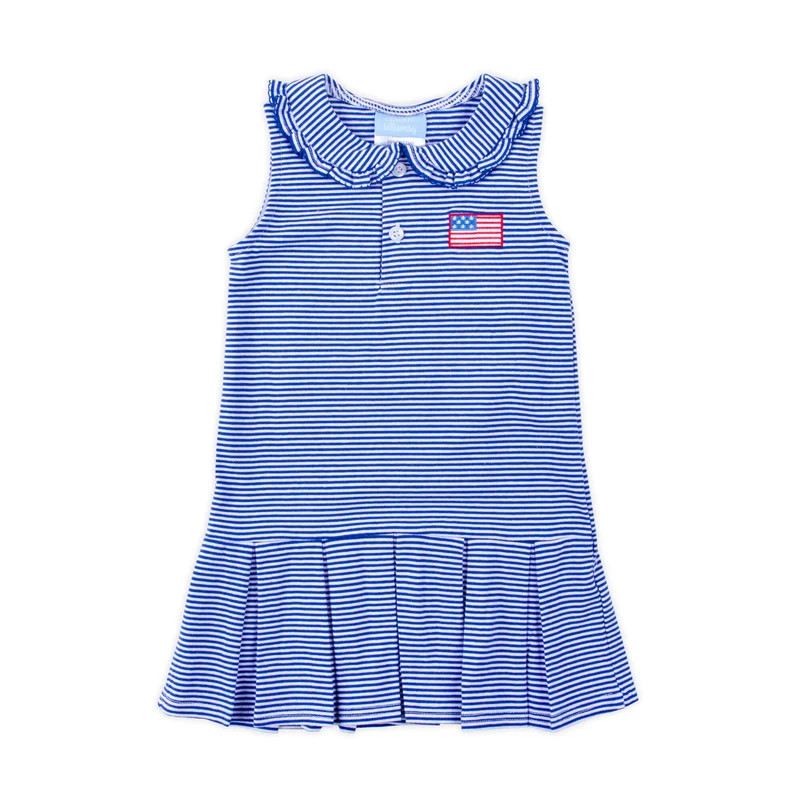 Flag Embroidered Blue Stripe Pleated Collared Dress | Classic Whimsy