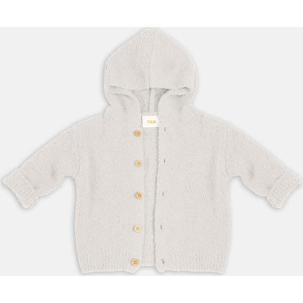 7AM Enfant | Fuzzy Ribbed Cuff Hooded Cardigan Sweater, Ecru (White, Size 6-9M) | Maisonette | Maisonette