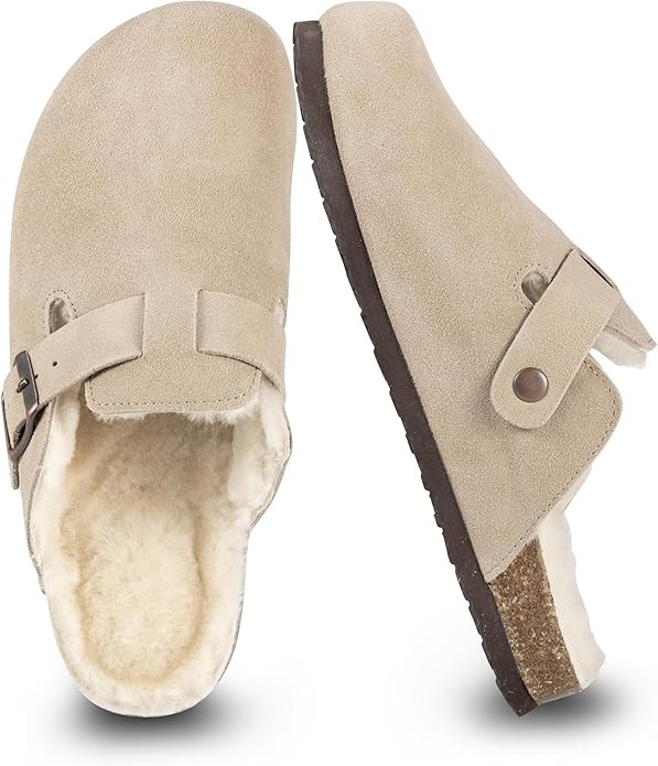 Women's Suede Clogs Slip-On Buckle Slides Leather Mules Cork Footbed Sandals Potato Shoes with Ar... | Amazon (US)