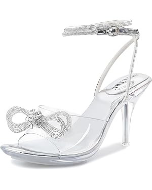 NBUUNBU Clear Heels With Rhinestone Bow Strappy Sandals For Women Ankle Strap Butterfly Transpare... | Amazon (US)