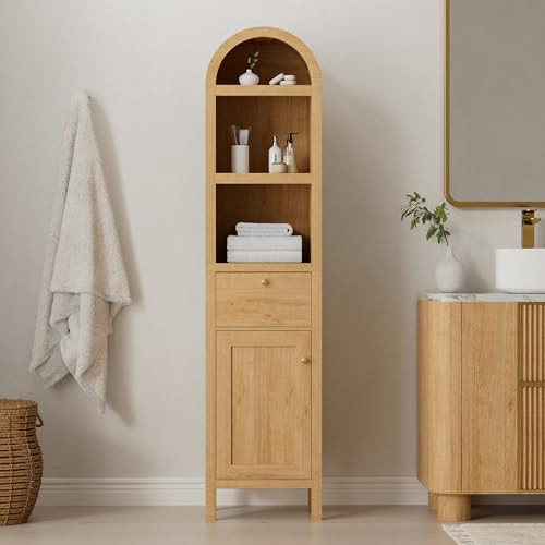 EYYTHUNG 67" Tall Arched Bathroom Narrow Storage Cabinet with Adjustable Shelf, Farmhouse Freestanding Tower Cabinet with Door and Drawer, Space Saving Organizer for Kitchen, Living Room, Natural Oak | Amazon (US)