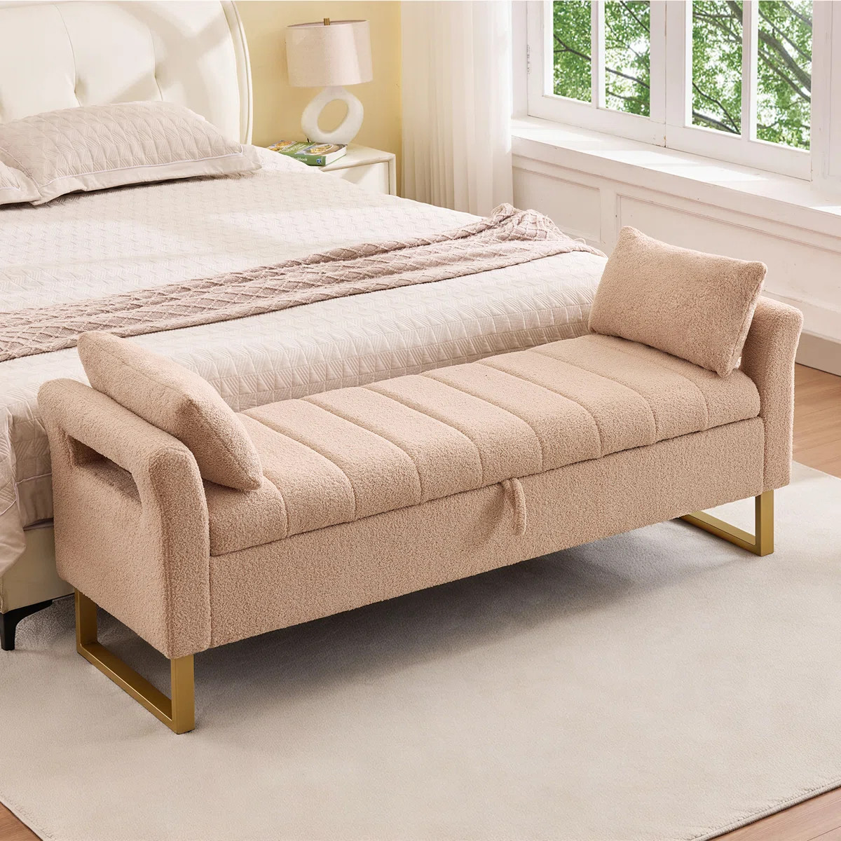 66"W Upholstered Flip Top Teddy Storage Bench King Size with Gold Legs,Curverd Armrest and 2 Pill... | Wayfair North America