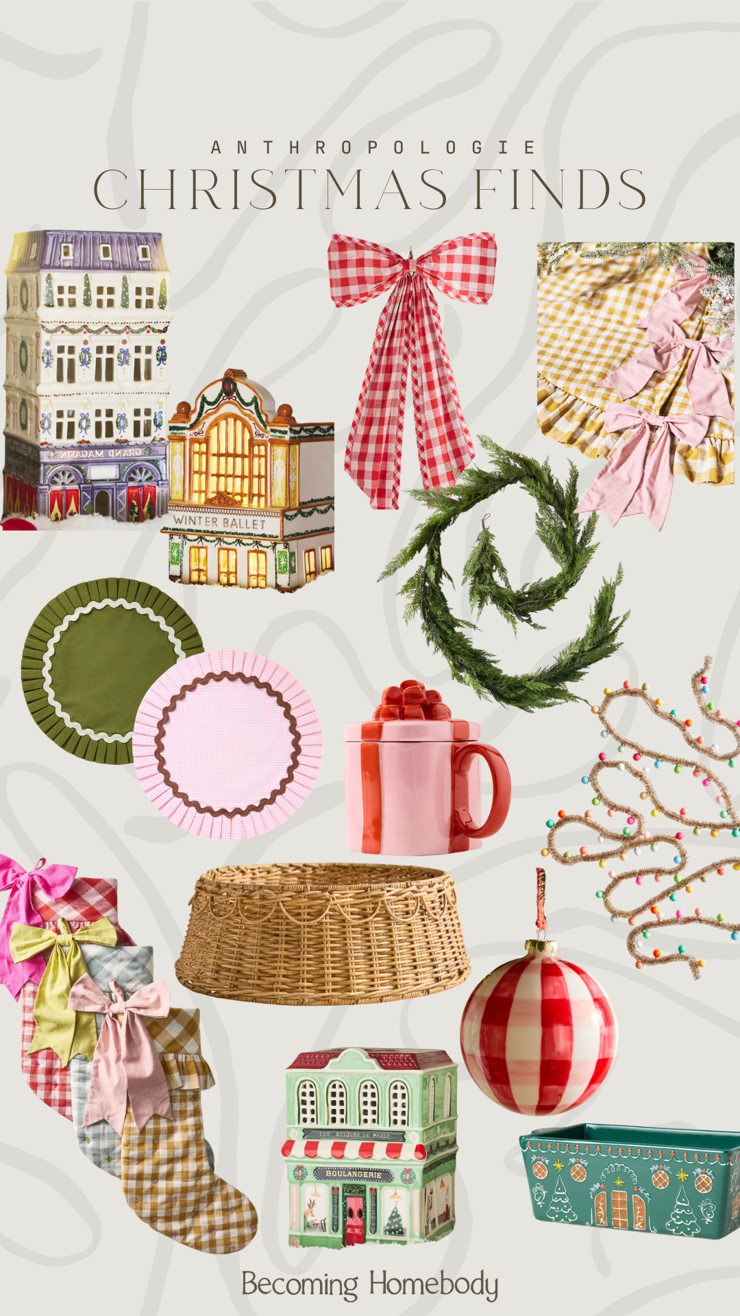 Anthropologie christmas decor, gingham christmas decor, holiday bows and ribbons, anthropologie stocking holders, holiday mugs and plates, festive christmas wreaths, colorful christmas finds, european village decor, christmas wrapping inspiration, anthropologie holiday favorites 

 #LTKHoliday #LTKSeasonal #LTKHome