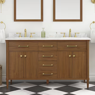 allen + roth Rian 60-in Golden Walnut Undermount Double Sink Bathroom Vanity with White Engineere... | Lowe's