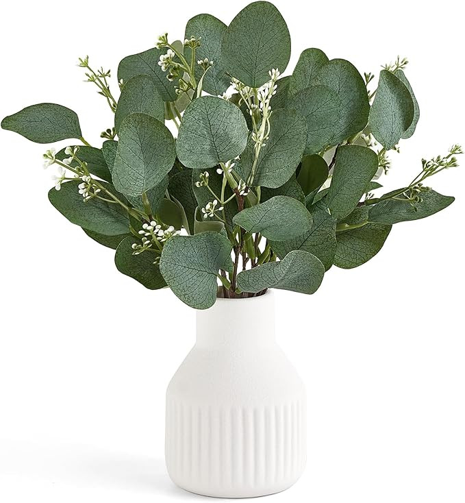 Dahey Artificial Eucalyptus Stems in Small Ceramic Vase Centerpiece Table Decorations Modern Farm... | Amazon (US)