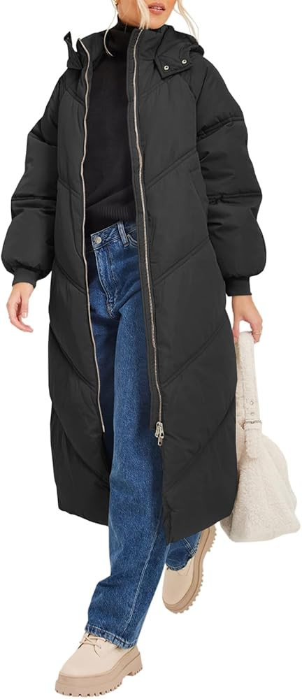 Fazortev Women's Long Winter Puffer Coat Maxi Quilted Jackets Warm Padded Coat Hooded Over Knee O... | Amazon (US)