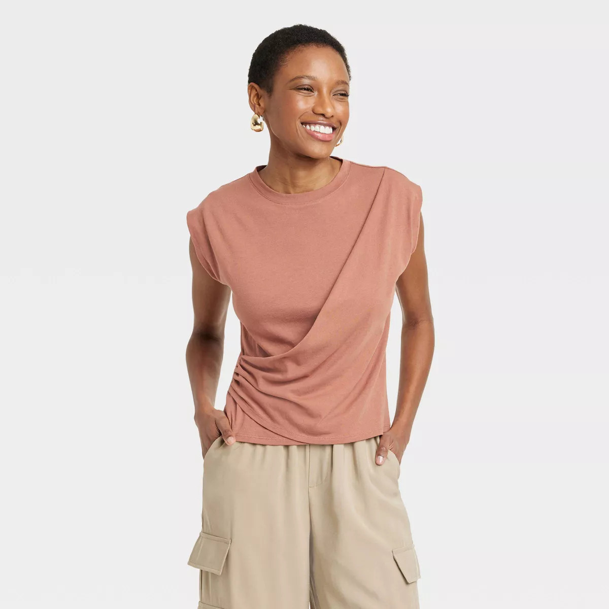 Women's Slim Fit Drape Wrap T-Shirt - A New Day™ Brown M | Target