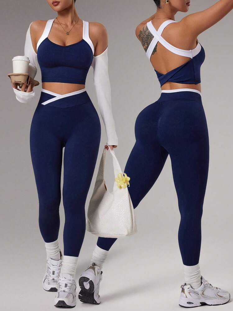 Dewbera Dewbera 1 Set Navy Blue And White Seamless Sports Set,Autumn Athleisure Gym,Sleeveless Ba... | SHEIN