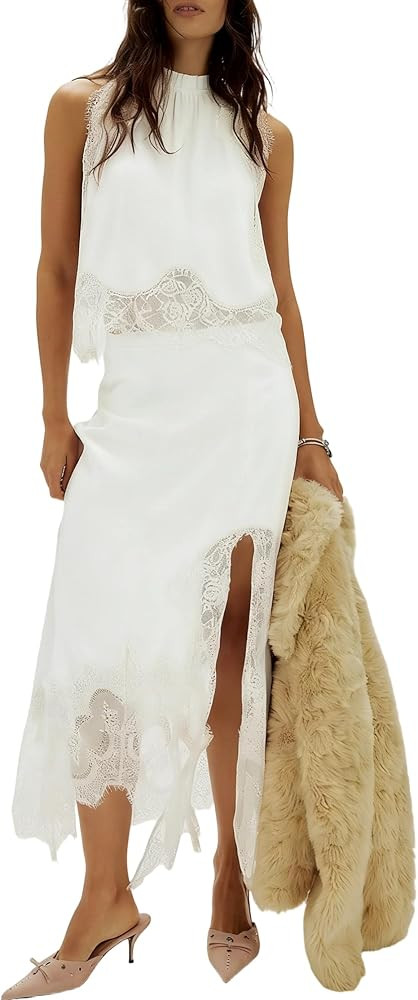 Women Satin 2 Piece Maxi Skirt Set Lace Trim Backless Tank Top Silk Slip Long Skirt Asymmetrical ... | Amazon (US)