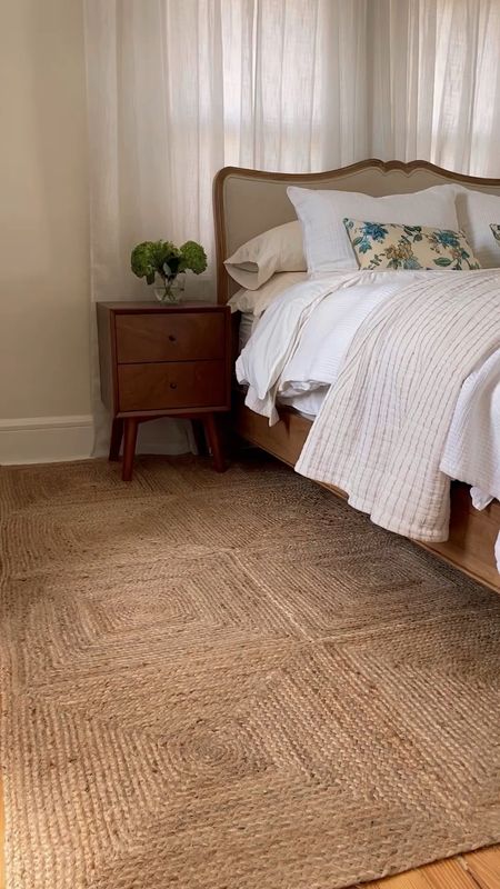 Bedroom refresh, jute rug, bedroom rug, rugs USA, Natural Juniper Jute Tiled Area Rug, Lauren Liess x Rugs USA, Sezane Pillows 