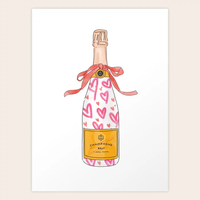 Drippy Preppy Hot Pink Hearts Painted Champagne Bottle Art Print | Society6