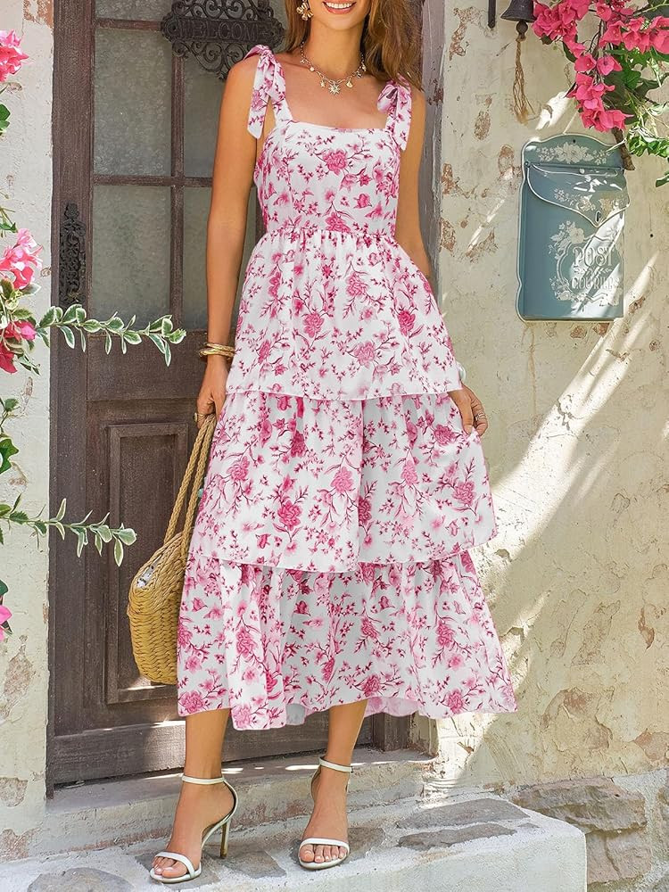 Wenrine Womens Summer Floral Maxi Dress Casual Tie Strap Sleeveless Ruffle Tiered Smocked Loose B... | Amazon (US)