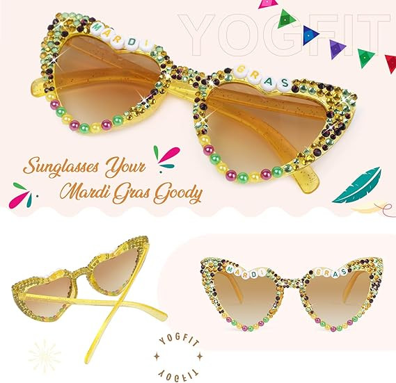 YOGFIT Mardi Gras Beads Sunglasses for Women Men, Mardi Gras Party Outfit Accessories Heart Sungl... | Amazon (US)