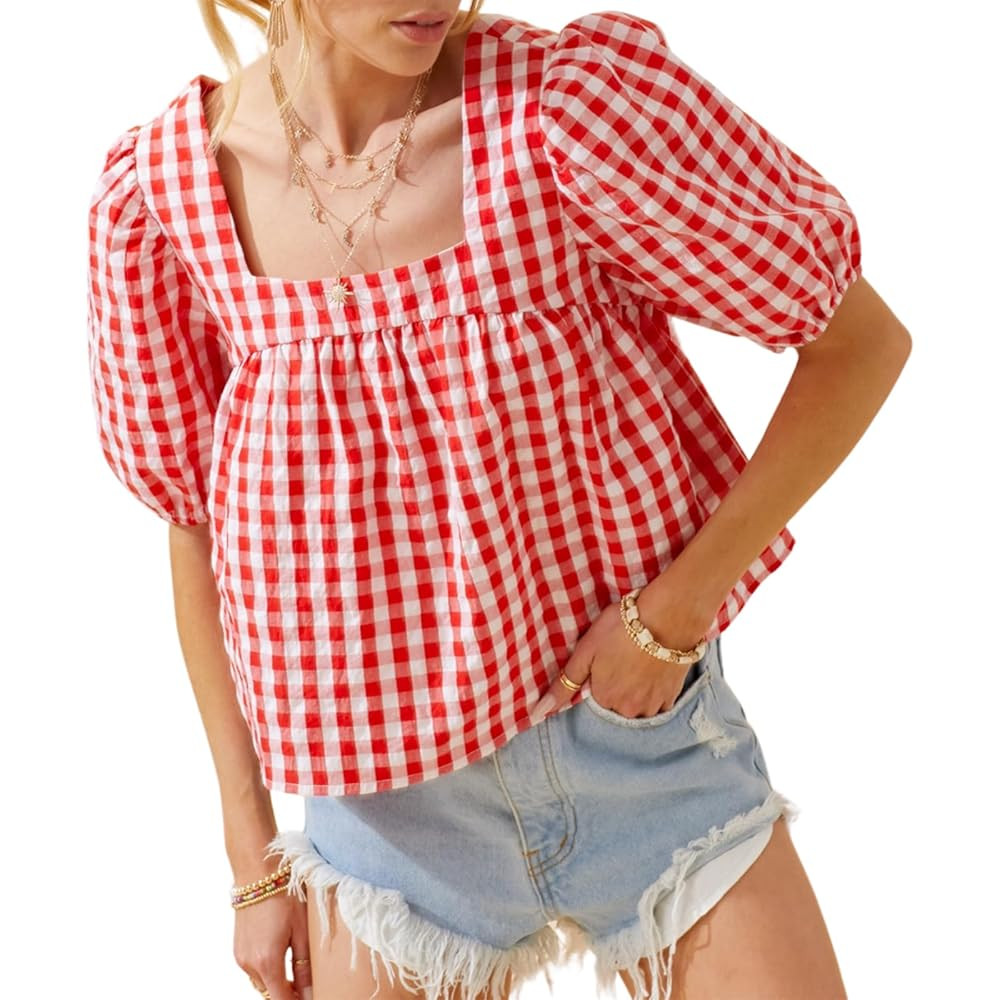 Y2k Women Puff Short Sleeve Babydoll Peplum Tops Boho Floral Ruffle Flowy Shirt Going Out Cropped... | Amazon (US)