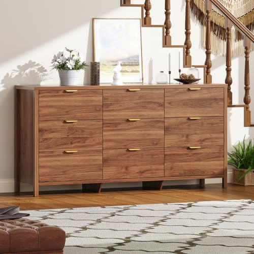 Ieejdn Fluted Dresser for Bedroom with 9 Drawers, 63" Modern Chest of Drawers, Dresser TV Stand, Wood Drawer Organizer for Living Room, Hallway, Chestnut | Amazon (US)