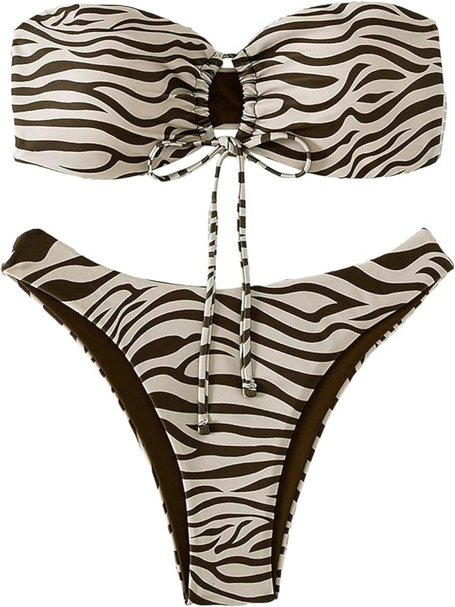 WDIRARA Women's Zebra 2 Piece Swimsuit Marble Bikini Drawstring Strapless Bandeau Bikini Set Swim... | Amazon (US)
