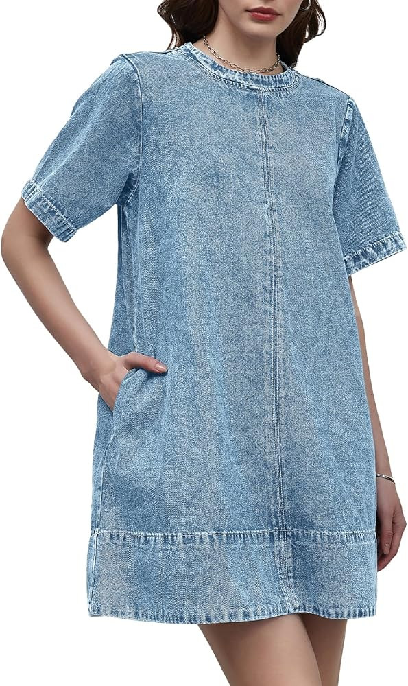 LifeShe Denim Dress for Women Summer Casual Short Sleeve Chambray Mini Jean Dresses with Pockets | Amazon (US)