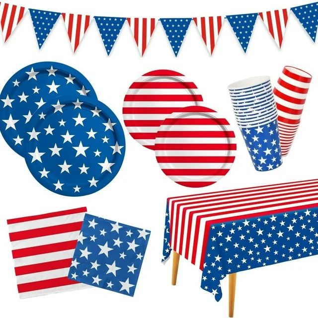 Patriotic Party Supplies Tableware Set American Flag Plates, Napkins, Cups, Cutlery for 4th of Ju... | Walmart (US)