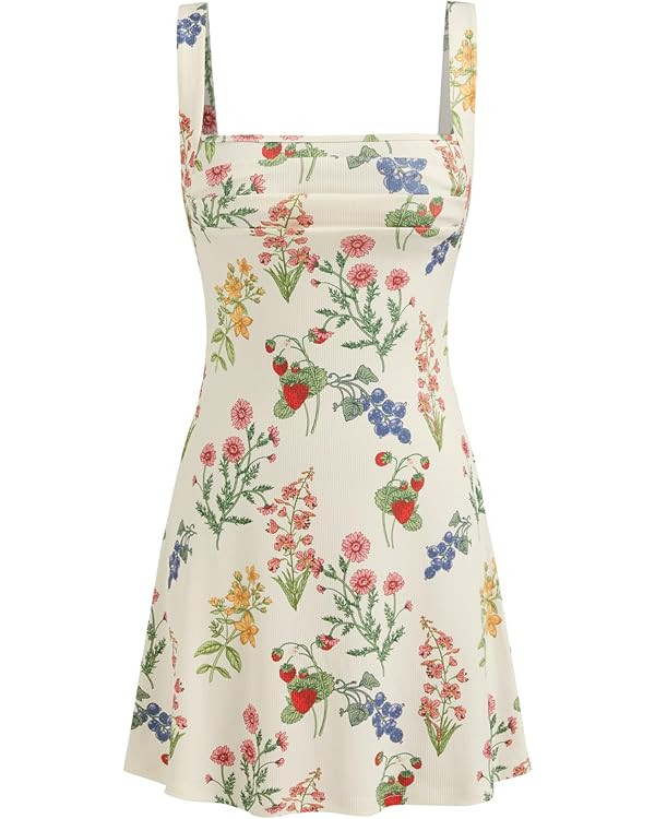 CIDER Summer Floral Dress for Women Cute Mini Sun Dress Square Neck Sleeveless Ruched Cocktail Dr... | Amazon (US)
