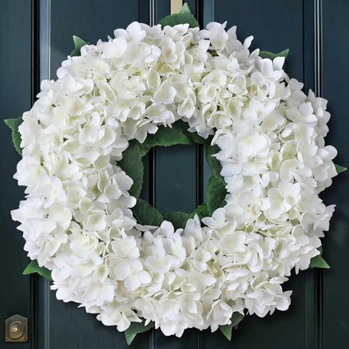 Artificial Hydrangea Wreath for Front Door, 21" Spring Summer White Flower Wreath, Faux Hydrangeas Leaves for Home Mantel Wall Farmhouse Decor | Amazon (US)