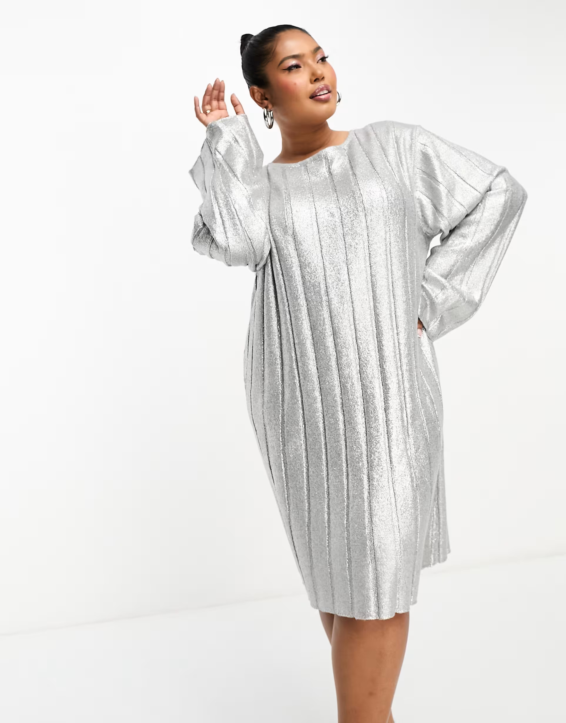 4th & Reckless Plus exclusive metallic tie back mini sweater dress in silver | ASOS (Global)