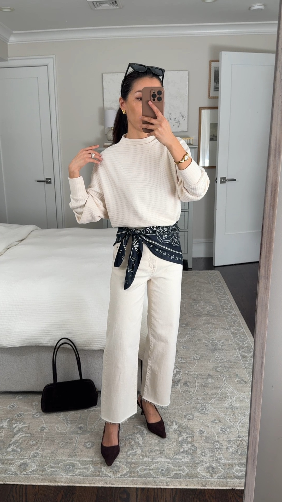 Love this silk scarf on sale on several colors!Restyling these perfect ecru jeans 

• cozy soft mock neck  Top xxs, I’ve had this for a while and I wash it machine cold inside out in a mesh bag and air dry just like my sweaters

• Perfect Vintage Wide-Leg Crop Jean 24 short in Vintage Canvas (has a tad higher rise than 24 petite)

• Medium Silk Bandana in classic navy

• Top zip suede shoulder bag

• Sam Edelman kitten heels 5.5 

• BP sunglasses

Petite friendly outfit, easy mom style, white jean outfit

#LTKootd #LTKmomlife #LTKPetite