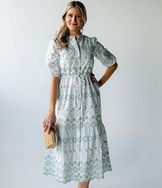 x SARAH & MOLLY Cotton Eyelet Short Puff Sleeve Button-Front A-Line Midi Dress | Dillard's