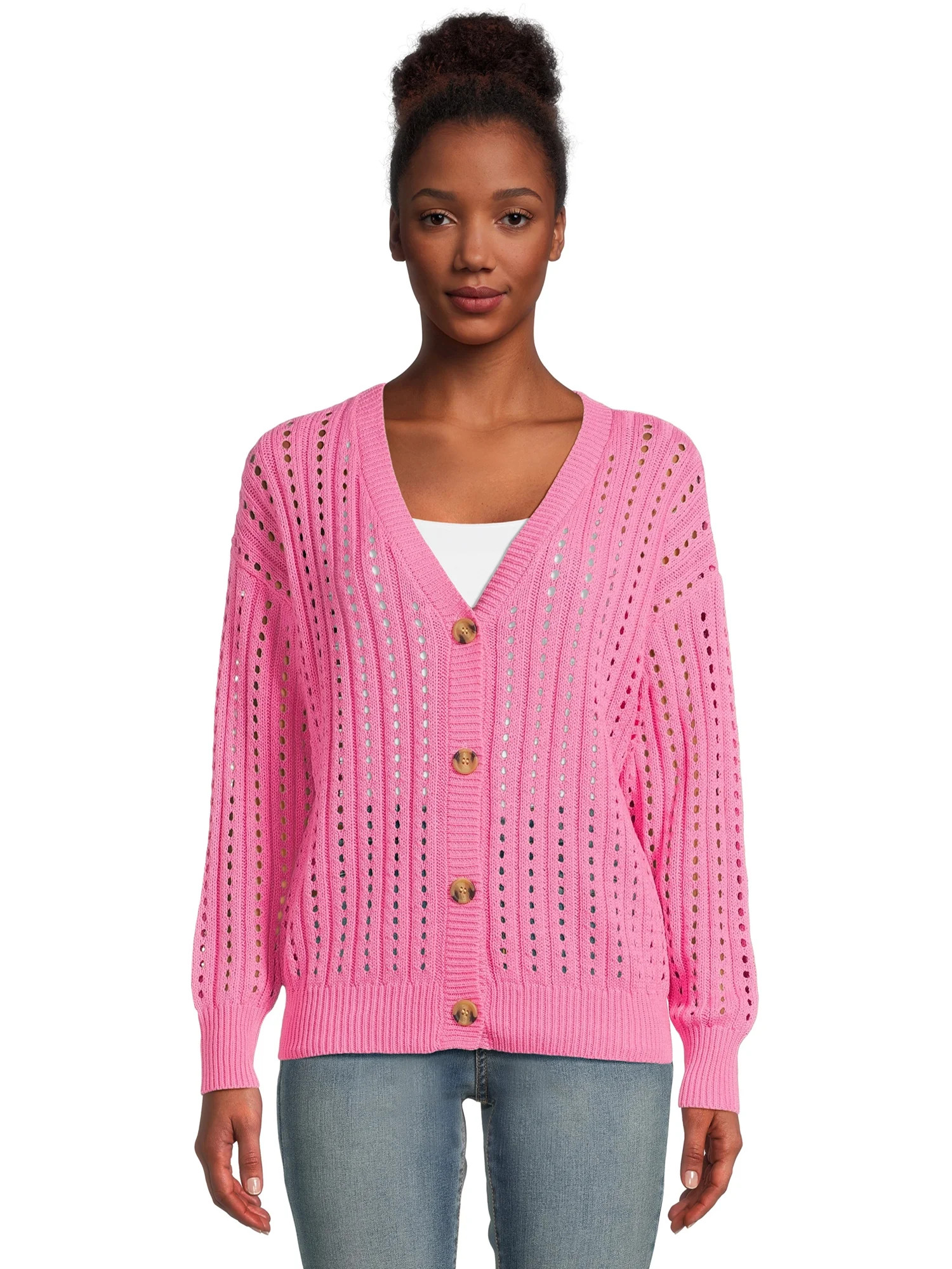 Time and Tru Women's Pointelle Boyfriend Cardigan | Walmart (US)