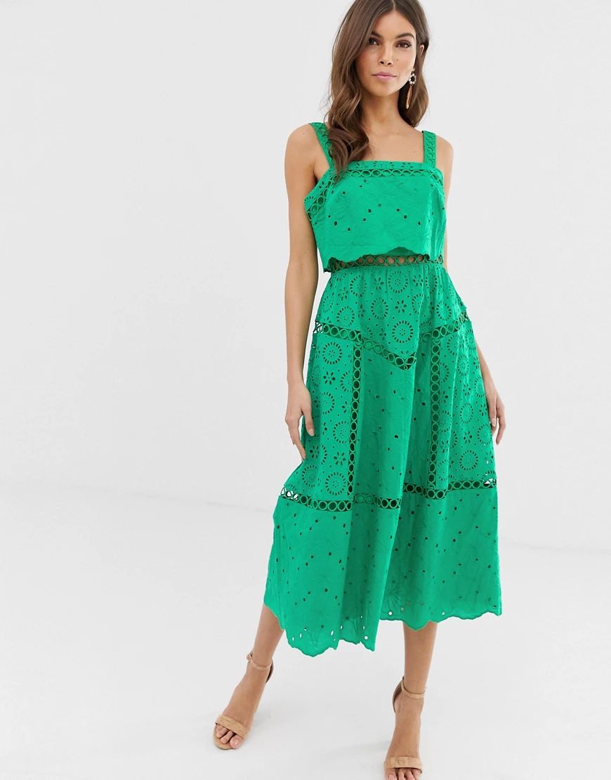 ASOS DESIGN broderie cami midi prom dress with lace inserts-Green | ASOS (Global)