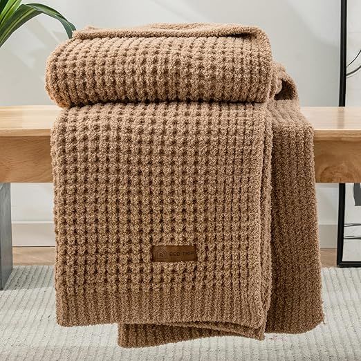BED TRIP Camel Waffle Knit Throw Blanket - Ultra Soft Plush Chenille Throw Blanket- Chunky Cozy K... | Amazon (US)
