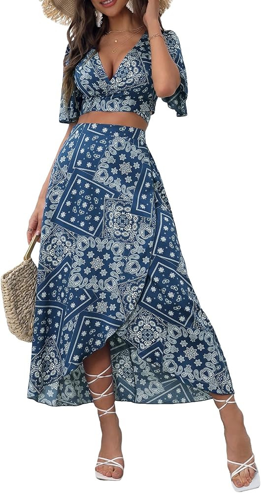 SweatyRocks Women's 2 Piece Outfit Floral Printed Short Sleeve Wrap Crop Top and Split Thigh Long... | Amazon (US)