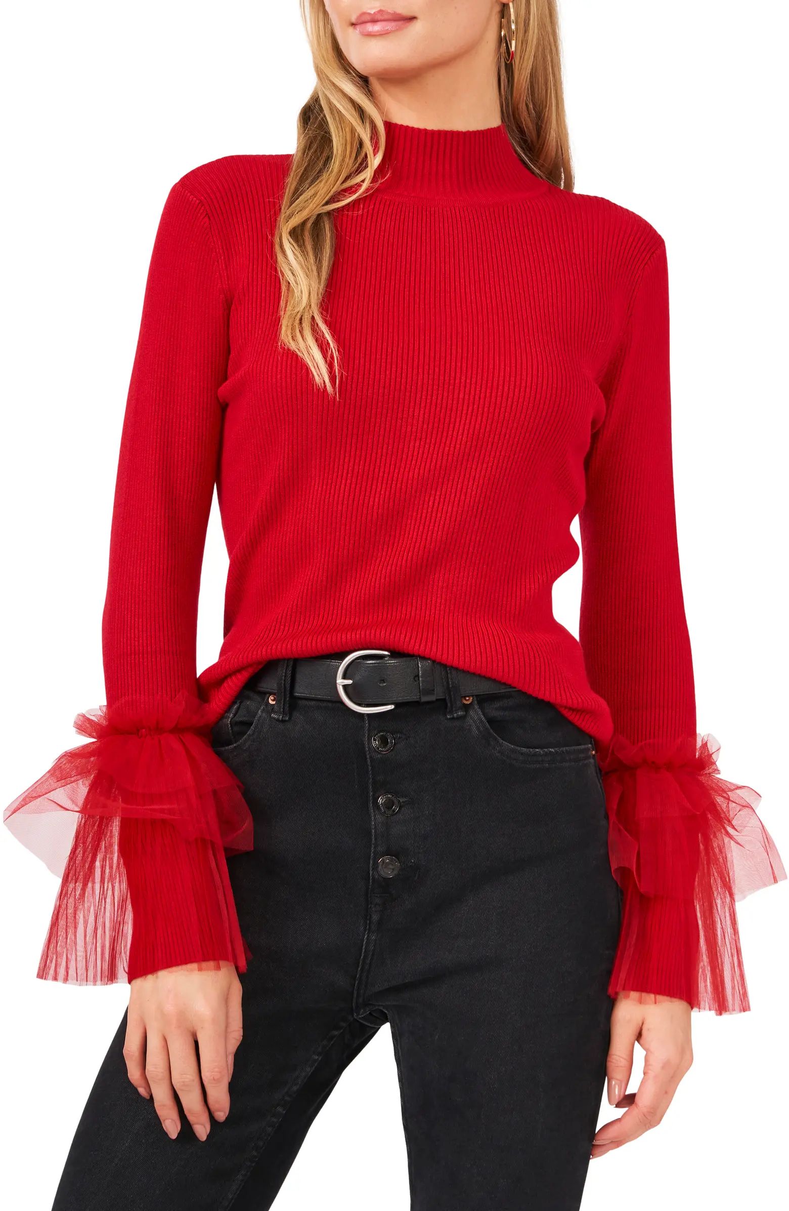 Vince Camuto Tulle & Ruffle Mock Neck Sweater | Nordstrom | Nordstrom
