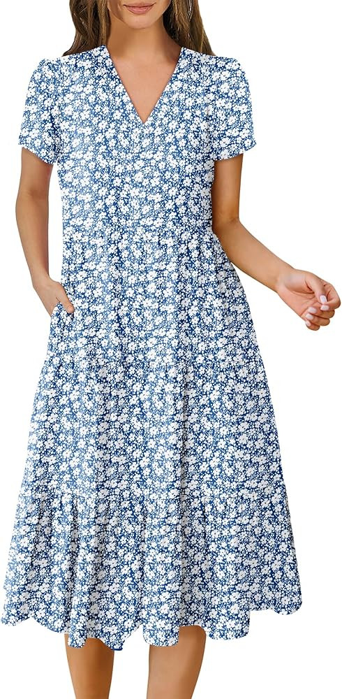 ANRABESS Women's Summer Casual Short Sleeve V Neck Midi Dresses 2025 Spring Flowy A-line Tiered T... | Amazon (US)