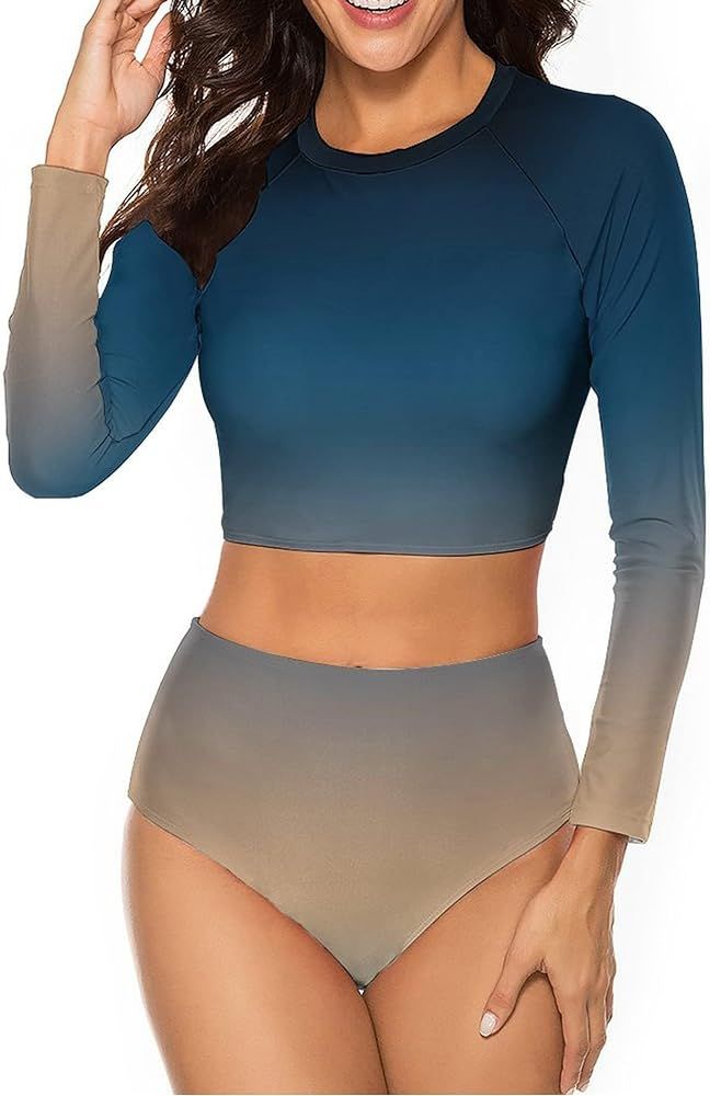 Wolddress Women's Rash Guard Swimsuit 2 Piece Long Sleeve Sun Protection Bikini Swimwear New Version | Amazon (US)