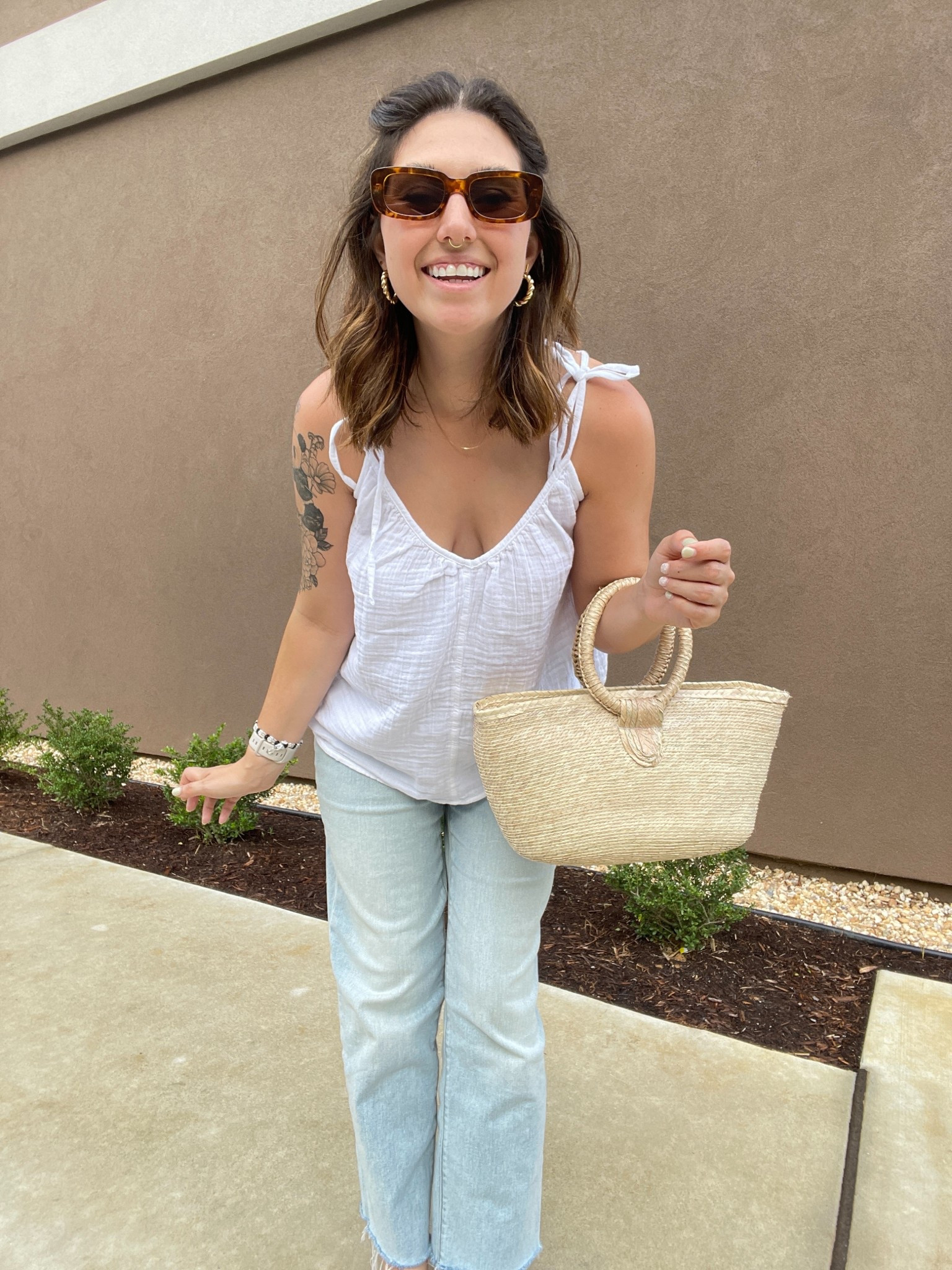Casual summer outfit. I am wearing a white gauze tank top originally from Old Navy, I linked similar ones the original is no longer in stock, Light wash denim from Old Navy (I cut them to fit length wise), straw purse and rectangle sunglasses. Coastal fashion, coastal style, coastal outfit, summertime fashion, womens summer outfit #favoritedemin #oldnavy #coastalstyle #ltkcoastal #summer #ltksummer #amazon #ltkamazon #ltkcasual  

 #LTKSeasonal #LTKStyleTip #LTKItBag