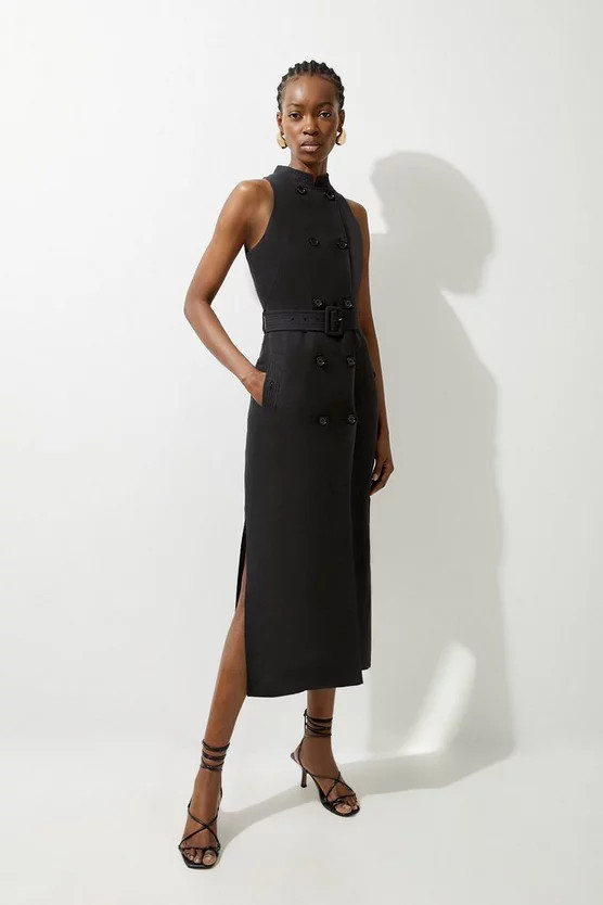 Fluid Tailored Double Breasted Belted Midi Dress | Karen Millen UK + IE + DE + NL