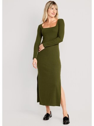 Fitted Rib-Knit Square-Neck Midi Dress for Women | Old Navy (CA)