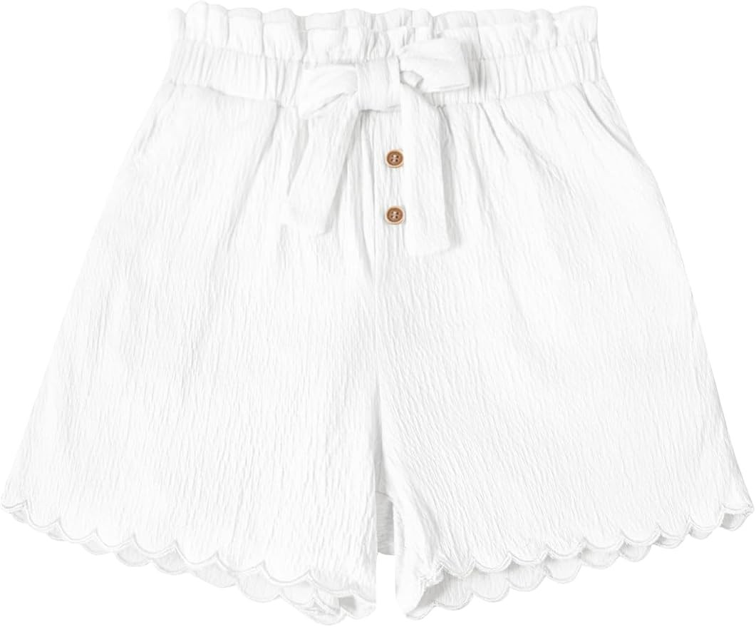 Girls High Waisted Paperbag Shorts Scalloped Hem Textured Bow Tie Summer Wide Leg Shorts with Poc... | Amazon (US)